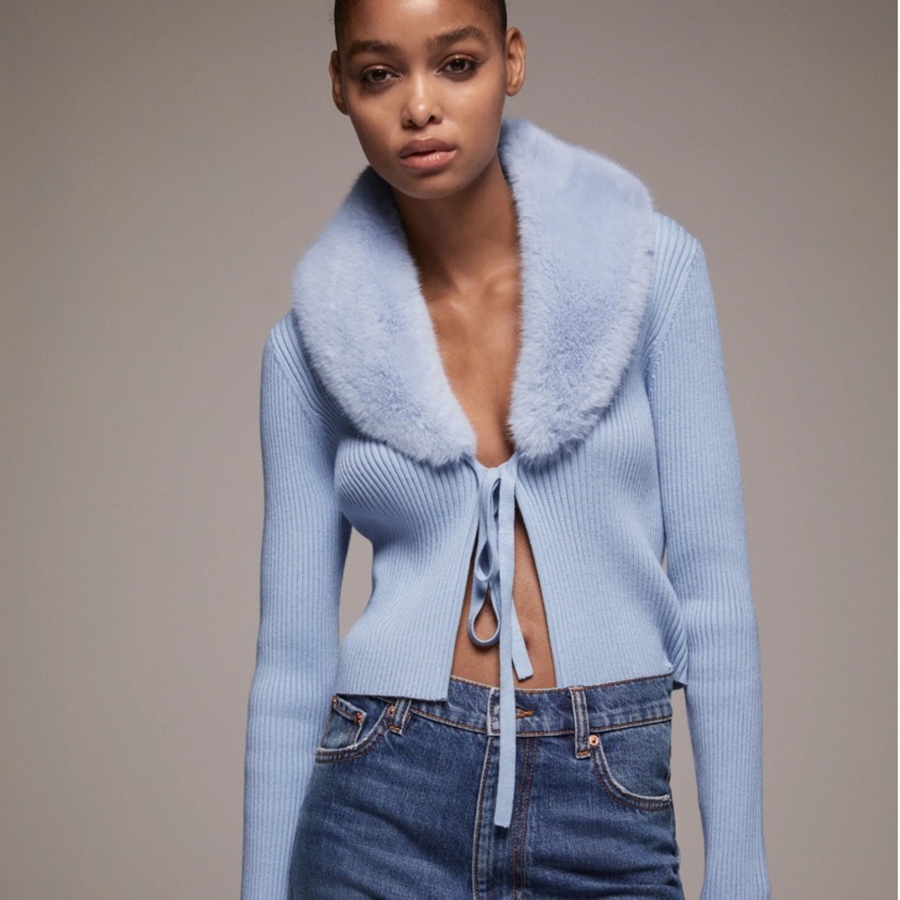 ZARA FAUX FUR TRIM KNIT CARDIGAN